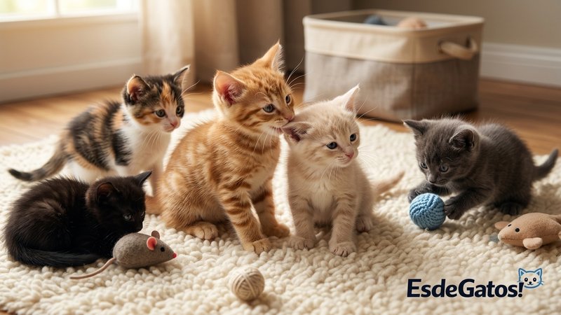 Varios gatitos conviviendo juntos sobre una alfombra suave