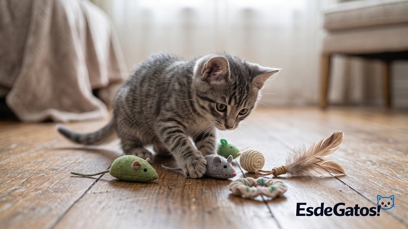 Varios juguetes adecuados para un gatito colocados en el suelo junto al gatito atigrado