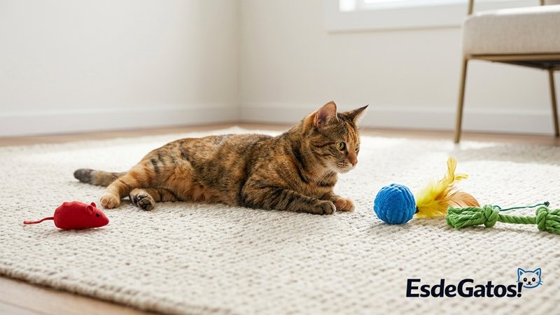 Varios juguetes de gato colocados sobre una alfombra clara: uno rojo poco llamativo