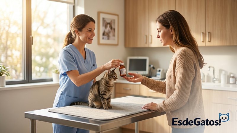 Un veterinario entregando un pequeño frasco de medicina a una persona en una clínica luminosa, con un gato sobre la