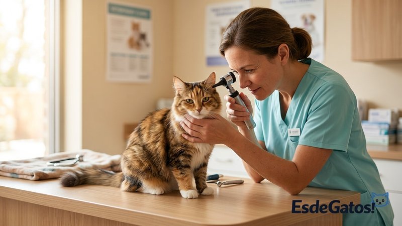 Un veterinario examinando con un otoscopio la oreja de un gato tranquilo sobre la camilla de una clínica luminosa
