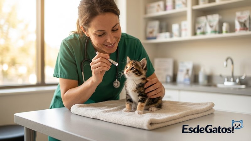 Un veterinario examinando con suavidad a un gatito diminuto sobre la camilla de una clínica luminosa