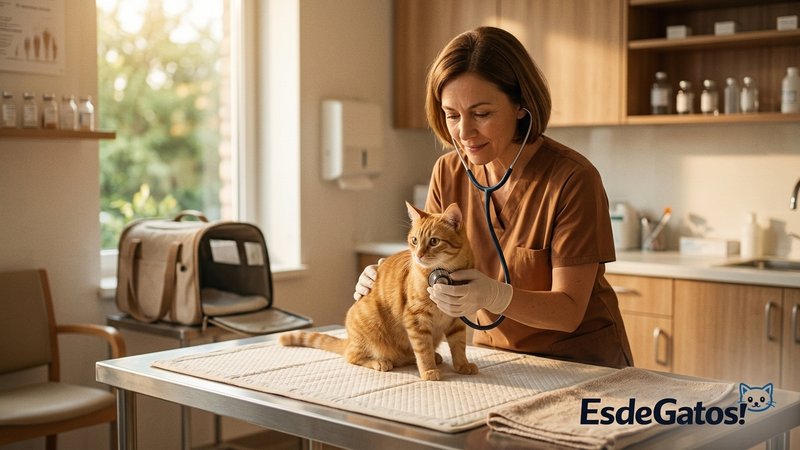 Un veterinario revisando a un gato sobre la camilla de una clínica luminosa antes de una salida