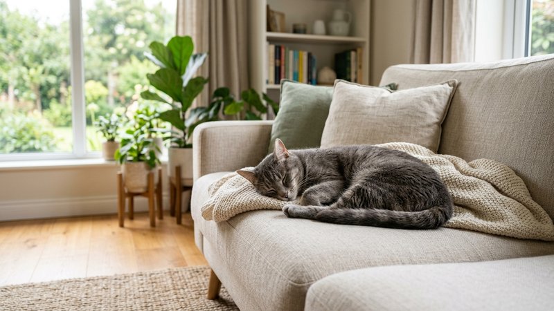 Un gato gris descansando tranquilo y solo sobre un sofa en un salon silencioso y luminoso, sin gente alrededor, luz suav