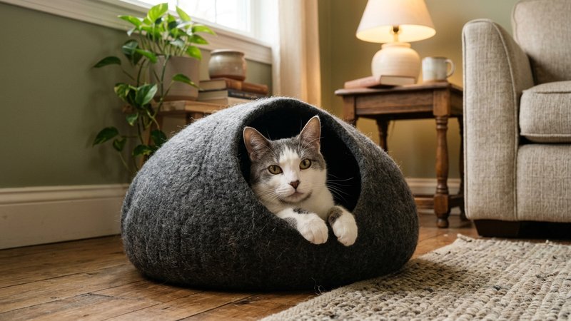 Un gato blanco y gris asomando comodo desde el interior de una cama cerrada tipo cueva de fieltro suave, colocada en un