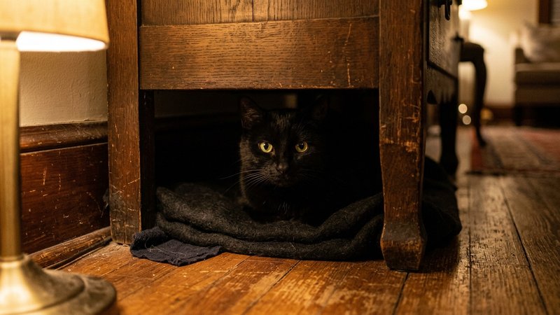 Un gato negro escondido y relajado en un rincon bajo y en penumbra debajo de un mueble de madera, con los ojos brillante