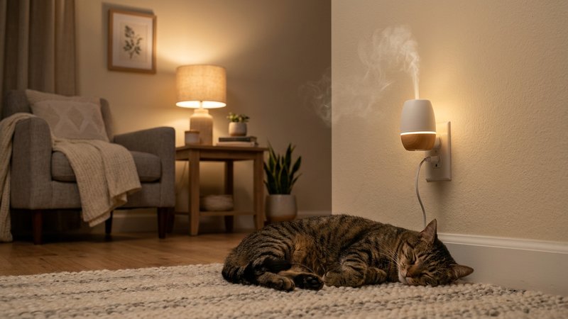 Un difusor enchufado en la pared de un salon con un gato atigrado descansando placidamente cerca sobre una alfombra suav
