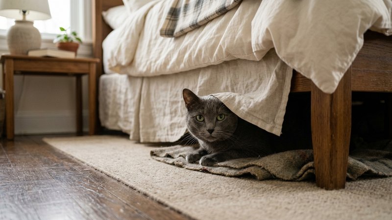 Un gato gris a salvo y comodo escondido debajo de una cama con sabanas claras, asomando la cabeza con calma en un dormit