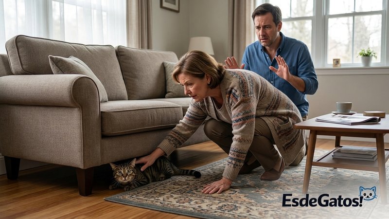 Una visita demasiado invasiva intentando acercar la mano bajo un sofá donde un gato está