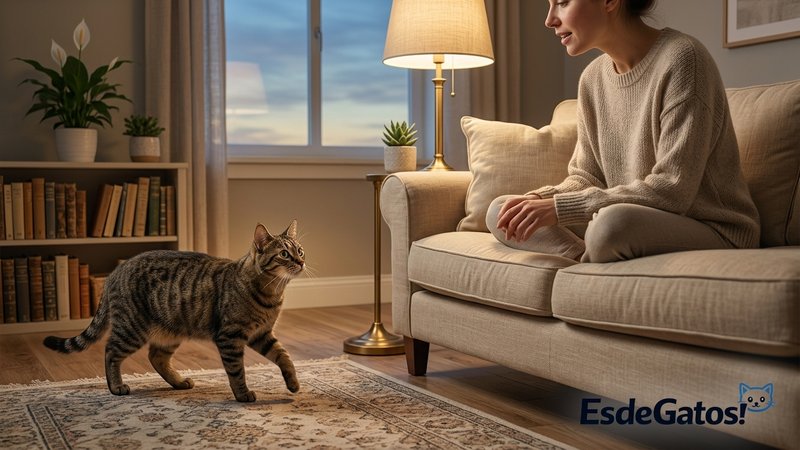 Una visita ideal para un gato inseguro: una persona sentada en el sofá