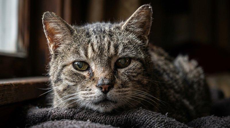 Un gato muy anciano de mirada sabia y digna en un retrato de primer plano, pelaje envejecido y ojos serenos que transmit