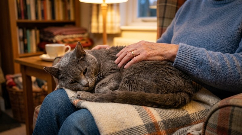 Un gato mayor de pelaje canoso acurrucado con confianza en el regazo de su dueña mientras una mano lo acaricia con ternu