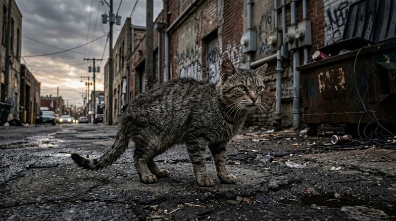 Un gato callejero delgado y alerta en una calle urbana desgastada al atardecer, mirada vigilante y postura tensa que tra