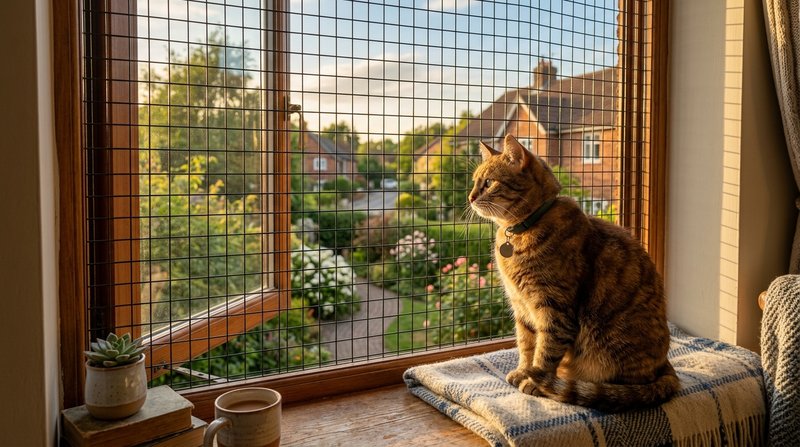 Un gato tranquilo sentado a salvo junto a una ventana amplia protegida con malla firme, mirando el exterior con calma mi