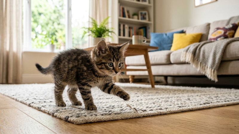Un gatito pequeño y juguetón explorando con curiosidad una sala luminosa, orejas alerta y patitas torpes en pleno descub