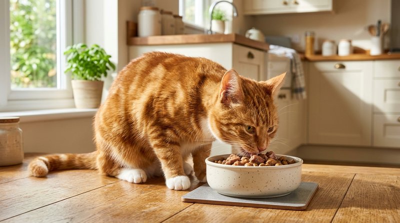 Un gato sano comiendo con apetito de un cuenco limpio con alimento de buena calidad, pelaje reluciente y postura vital,