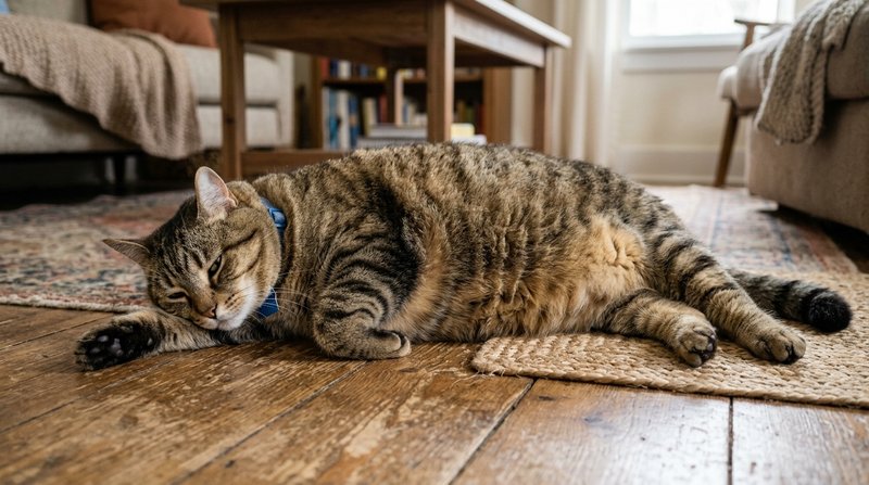 Un gato claramente rechoncho y con sobrepeso tumbado con pereza sobre el suelo, cuerpo redondeado que evidencia el exces