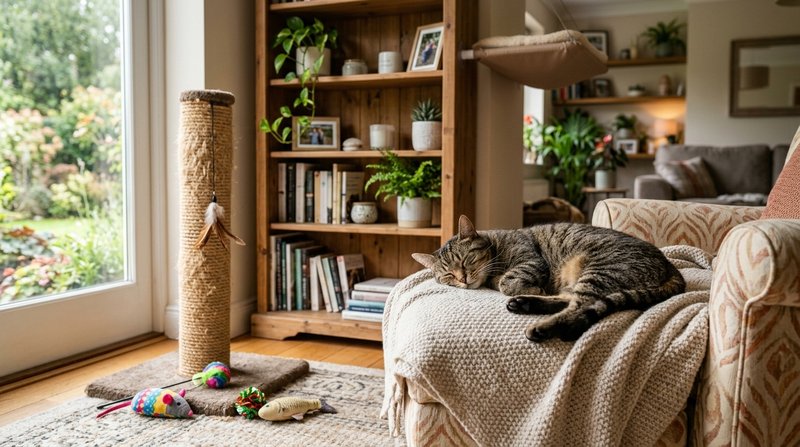 Un gato relajado y satisfecho en un salón tranquilo rodeado de rascador, juguetes y una repisa en altura, ambiente seren