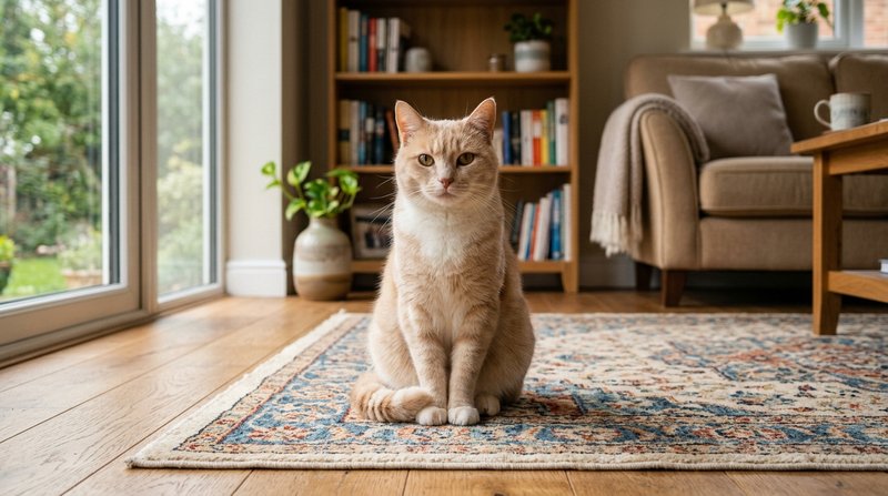 Un gato de pelaje suave sentado con porte tranquilo sobre una alfombra de un salón luminoso, mirando a la cámara con cal