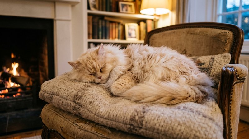 Un gato persa de largo y frondoso pelaje descansando plácidamente sobre un cojín mullido en un hogar acogedor