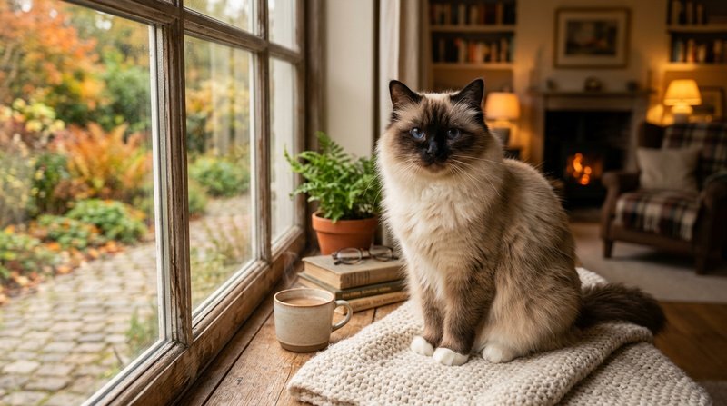 Un gato birmano de pelaje cálido y mirada dulce, sentado con porte sereno junto a una ventana de un salón acogedor