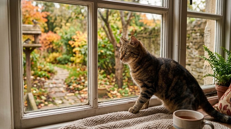 Un gato asomado con seguridad a una ventana cerrada desde el interior de una casa acogedora, a salvo y observando el ext