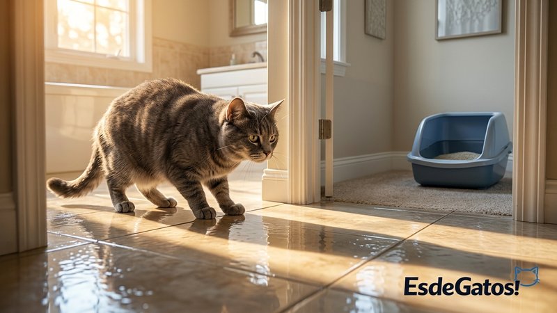 Un gato gris mirando con cautela hacia una superficie brillante y resbaladiza en un baño luminoso, con expresión de desc