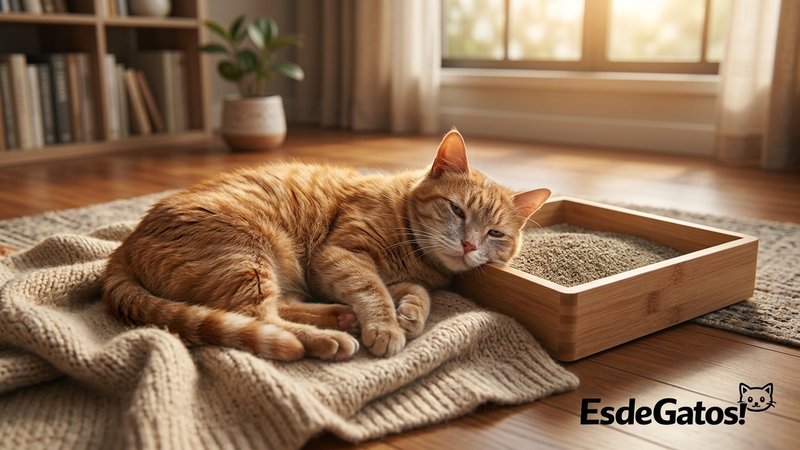 Un gato mayor de pelaje anaranjado descansando junto a un arenero de bordes bajos en un salón cálido y ordenado, con una