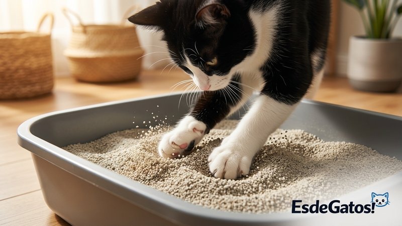 Un primer plano de un gato blanco y negro escarbando con sus patas la arena limpia de su arenero, mostrando su instinto