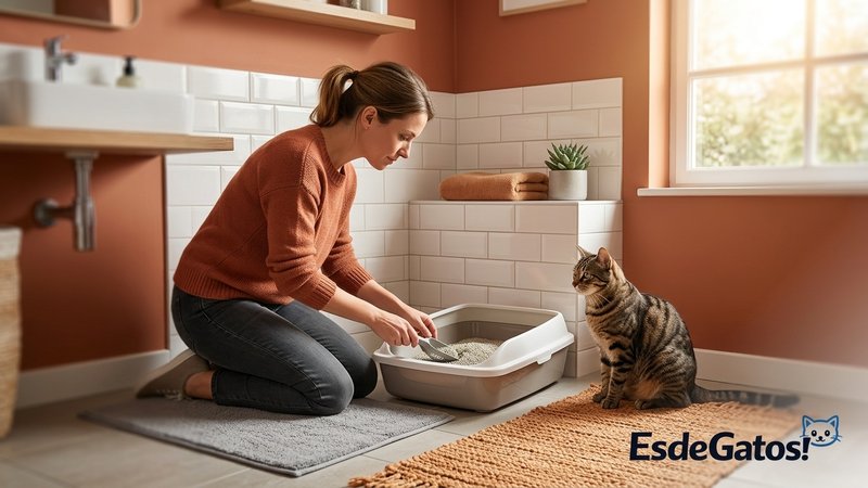 Una persona revisando con atención un arenero de arena aglomerante limpia mientras un gato atigrado sano observa desde u