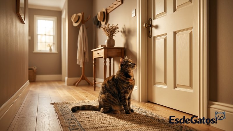 Un gato de pelo corto sentado y esperando frente a la puerta cerrada de un baño en un pasillo hogareño y cálido, con exp