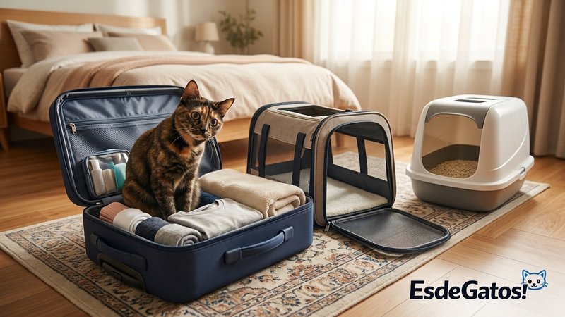 Un gato curioso junto a una maleta abierta y un transportín de viaje, con su arenero limpio a un lado, en una habitación