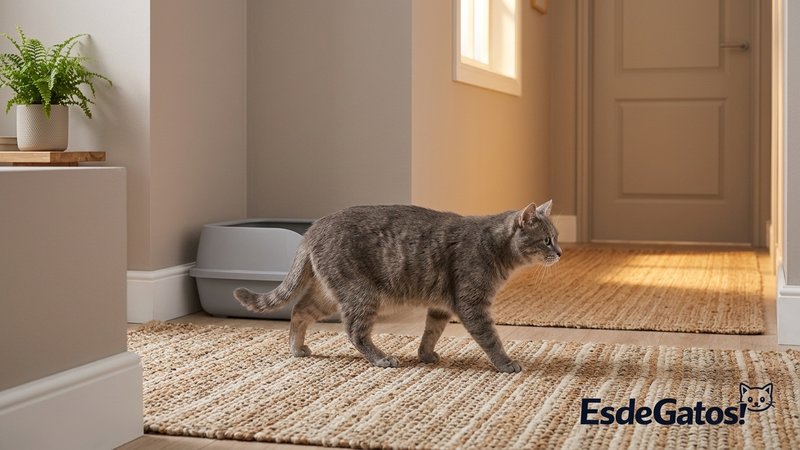 Un gato tranquilo acercándose a su arenero limpio durante la noche en un rincón del hogar iluminado por una lámpara de l