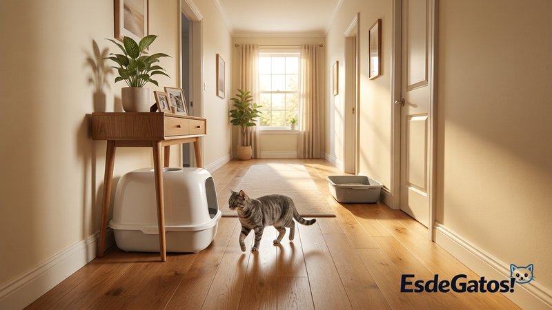 Dos areneros limpios ubicados en distintos puntos de un pasillo hogareño y ordenado, con un gato gris caminando cerca de