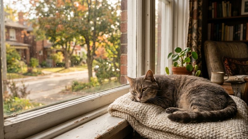 Un gato adulto tumbado con aire apático junto a la ventana de un salón cálido, mirando hacia afuera sin interés, con luz