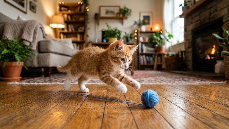 Un gatito cachorro muy juguetón persiguiendo un ovillo de lana por el suelo de un salón cálido de hogar, lleno de energí