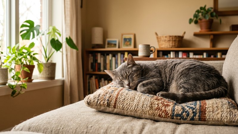 Un gato mayor de pelaje canoso descansando tranquilo y relajado sobre un cojín en un salón cálido de hogar, con luz suav