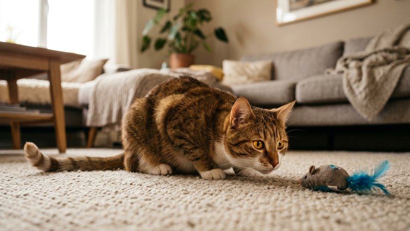 Un gato agazapado sobre la alfombra en posición de acecho, con el cuerpo bajo y la mirada encendida fija en un juguete,
