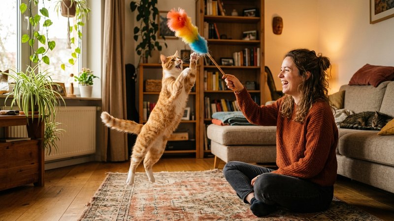Una persona jugando con su gato usando un plumero mientras el gato salta feliz a atraparlo en el salón cálido de un hoga