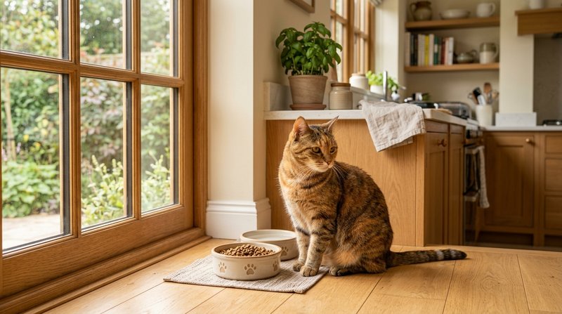 Un gato sano y satisfecho junto a su cuenco de comida felina en una cocina cálida y ordenada, luz natural suave entrando
