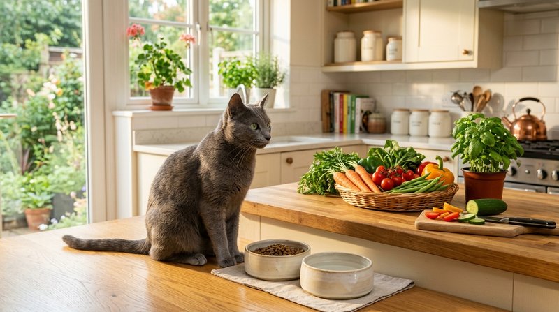 Un gato gris de aspecto elegante sentado junto a su plato en una cocina ordenada, observando de reojo unas verduras sobr