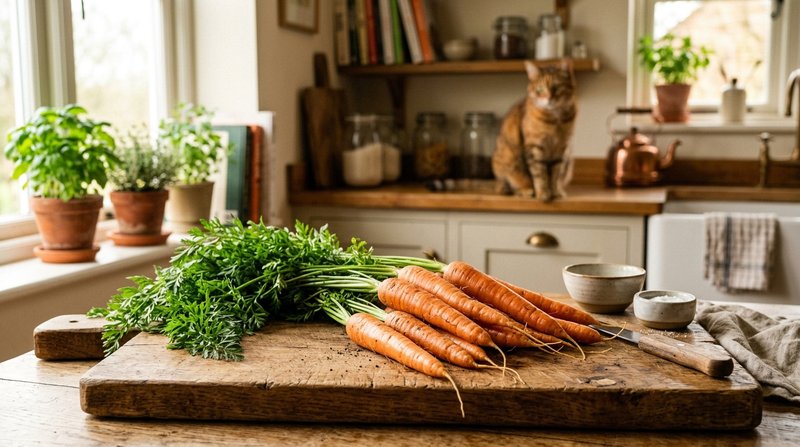 Varias zanahorias frescas y jugosas sobre una tabla de madera rústica en una cocina luminosa, con un gato desenfocado ob