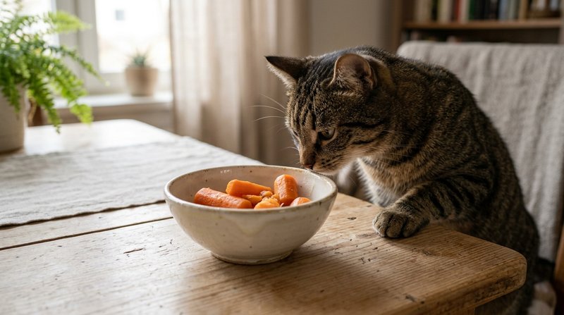 Un bol pequeño con trocitos de zanahoria cocida y blanda sobre una mesa de madera clara, con un gato atigrado olfateando