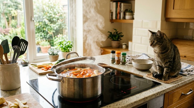 Una olla con zanahorias cociéndose al vapor sobre los fogones de una cocina luminosa, vapor suave ascendiendo, con un ga