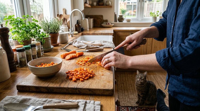Unas manos cortando zanahoria cocida en trocitos diminutos sobre una tabla de madera en una cocina ordenada, con un gato