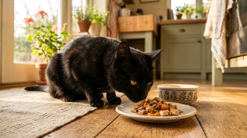 Un gato negro olfateando con cautela una cucharada de comida húmeda con zanahoria triturada en su plato, sobre el suelo