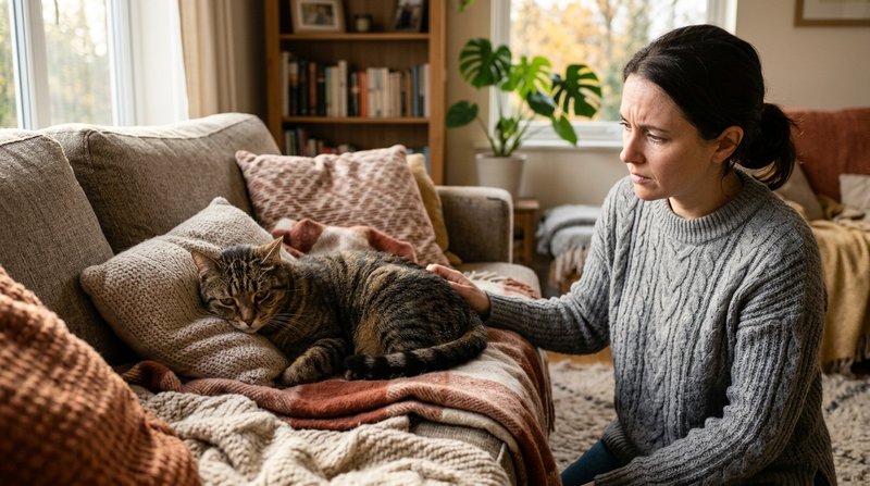 Un gato atigrado de aspecto decaído recostado en un sofá de un salón cálido mientras su dueña lo observa con preocupació