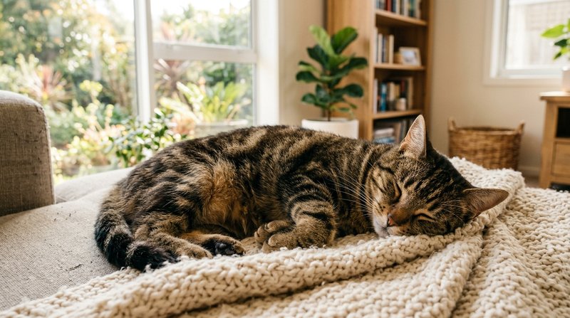 Un gato sano y contento descansando en una manta suave dentro de una casa limpia y luminosa, pelaje brillante y cuidado,
