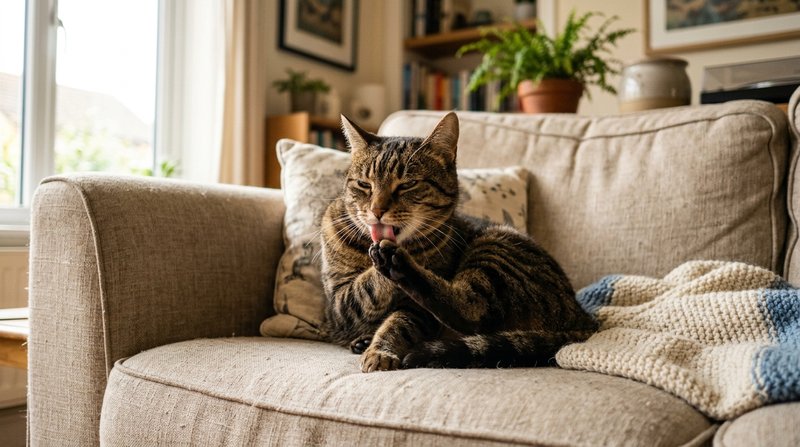 Un gato atigrado acicalándose tranquilamente, lamiéndose una pata sobre un sofá acogedor, expresión calmada, luz de tard