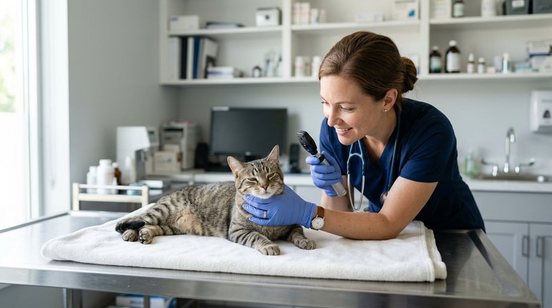 Un veterinario examinando con calma a un gato tranquilo sobre una camilla en una consulta luminosa y limpia, ambiente pr